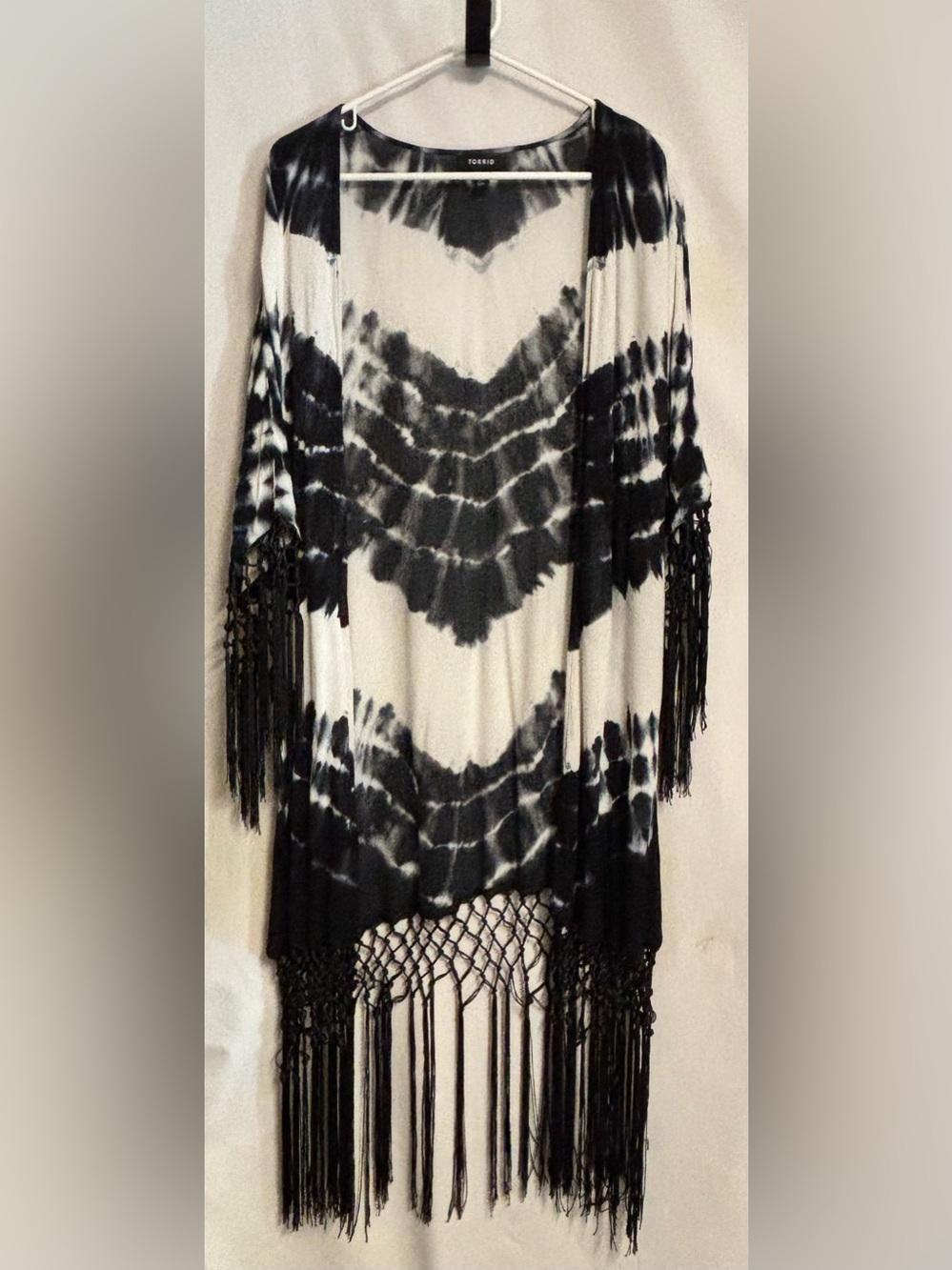 Torrid Womens Tie Dye Crepe Fringe Kimono Size 1/2 Boho Hippie Festival Open